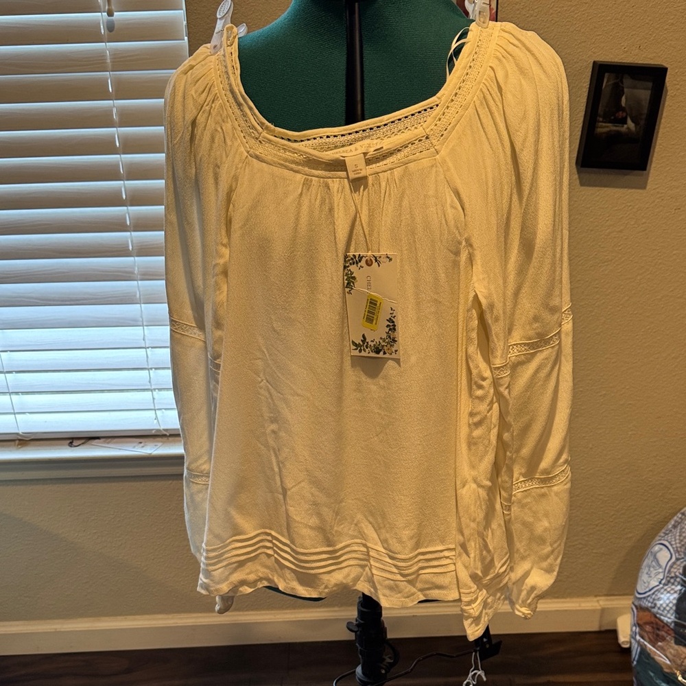 Chelsea & Violet Cream Peasant Blouse with Lace Trim